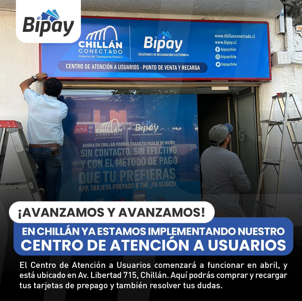 Bipaychile's tweet photo. ¿Qué podrás hacer aquí? Comprar y recargar tus tarjetas de prepago para ser un pasajer@ Bipay, pero también podrás ¡resolver tus dudas! Ya sea que tengas consultas técnicas o comerciales, estaremos atendiéndolas. 

#Bipay #PagoSinContacto #Chillán #ChillánViejo https://t.co/divU9mI7qX