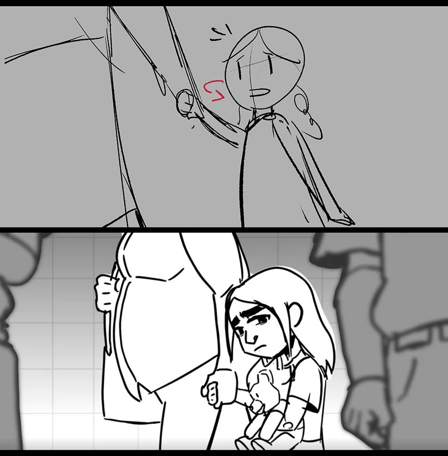 I was looking at the first thumbnail pass I did for our #RememberUs short film vs the final boards done by Ernesto. Man, it just hits differently. I practically gave him stick figures to work with 🤡 