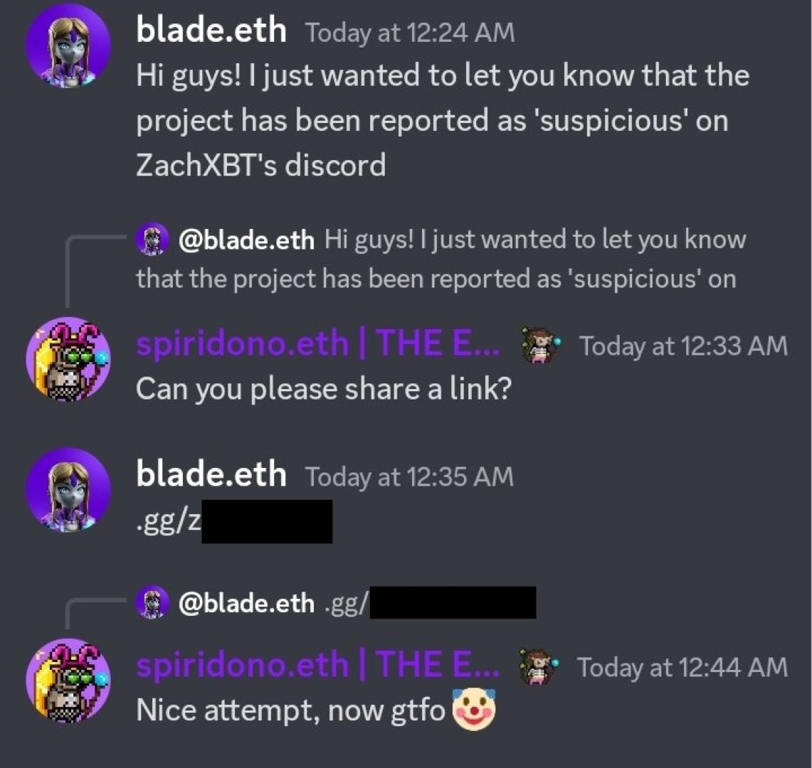 zachxbt's tweet photo. After receiving multiple DMs in the past 24 hrs it has come my attention scammers are impersonating me on Discord in an attempt to phish team members of various crypto &amp; NFT projects. 

I do not have a public Discord account and have no plans of creating a server. https://t.co/vHabVEiFzy