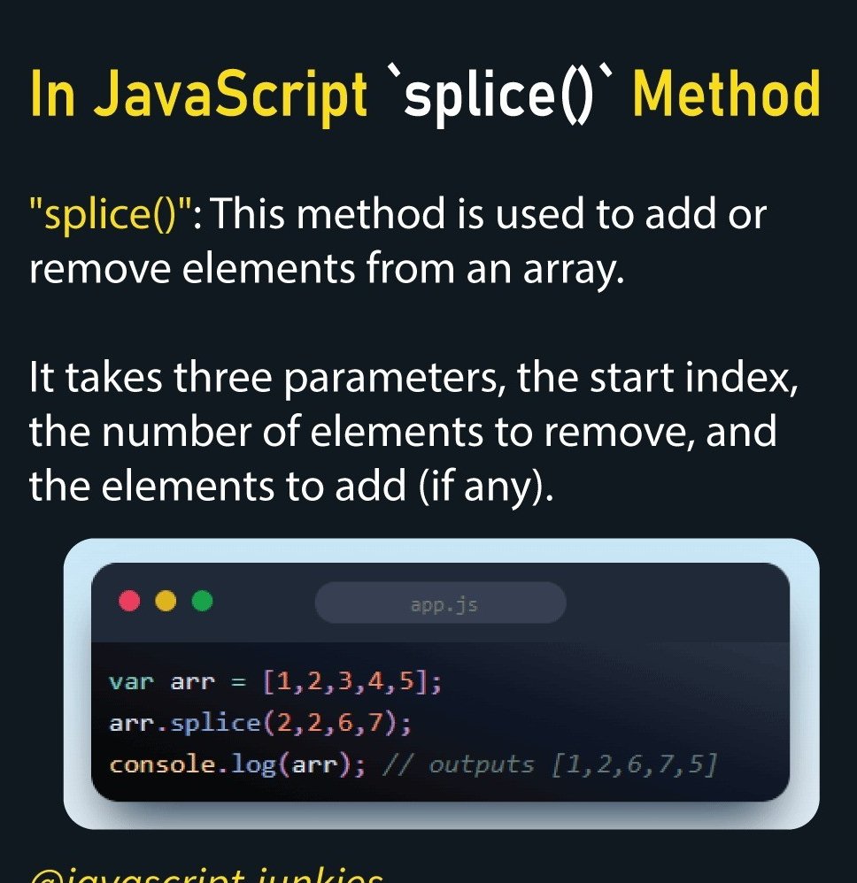 MSalmanSalar's tweet photo. Splice() method in JavaScript.
#developer #development #coding #programming #java #coding #laptop #computer #internet #website #webdevelopment #windows #google #programmer #linux #jobs #computetscience https://t.co/lkYYjcf3xP
