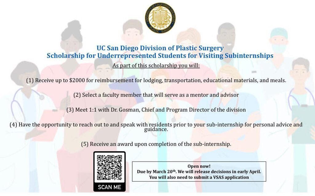 UCSD Division of Plastic Surgery is excited to announce our Scholarship for Underrepresented Students for Visiting Subinternships is open and accepting applications!

Any rising MS4 is welcome to apply and preference will be given to UIM students, studen… instagr.am/p/CpGj-DALCxZ/
