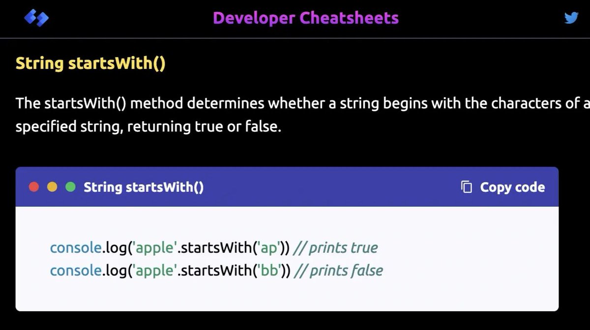 DevCheatsheets's tweet image. ES6 string startsWith method - daily dose of JS.

Web Dev cheatsheets @ developercheatsheets.com

#webdevelopment #developer #cheatsheets #javascript