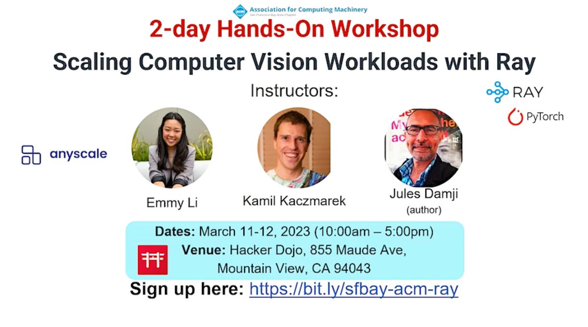 goupaz's tweet photo. We are excited to share event organized by  @yashroff from @TheOfficialACM  together with @sakows  from @hackerdojo.

Our amazing speakers from @anyscalecompute  who will help you master using @raydistributed  project in 2 full packed days:
- @kamil_k7k 
- @2twitme 
- Emmy Li https://t.co/BjYAio8LZC