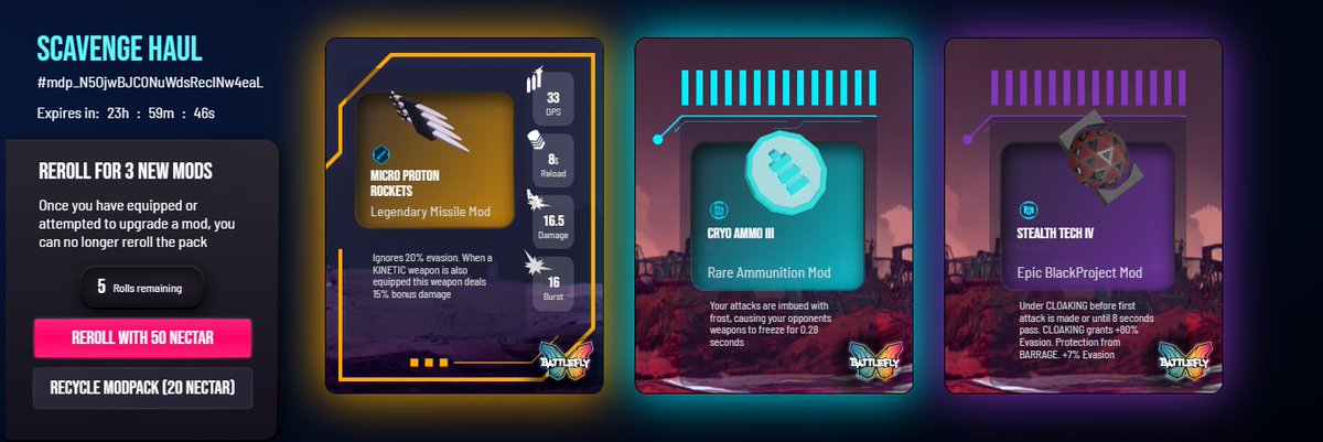 furryoink's tweet photo. My gosh, opening @BattleFlyGame mod packs is the ultimate rush! I didn't even need to dip into my huge Nectar stack to roll this amazing trio. Too bad you can't equip 2 Utility mods, but the Epic Stealth synergizes great with those slow, but heavy hitting Rockets!
#ModPackMayhem https://t.co/LZkNl73UFo