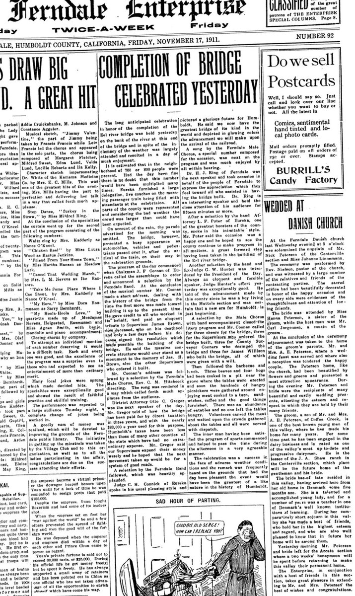 caroline95536's tweet photo. Let the mourning begin. 😢 “… we now have the greatest bridge of its kind in the world …” From the 11/17/1911 Ferndale Enterprise. #queenofbridges #fernbridge #ferndaleca https://t.co/7PuL42UqdG