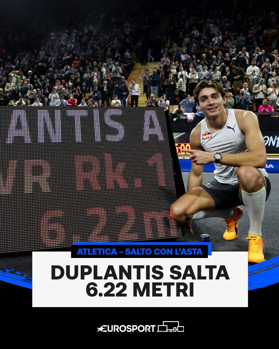 Eurosport_IT's tweet photo. NUOVO RECORD DEL MONDO 😮😮😮

L'alieno Armand Duplantis ha superato quota di 6,22 metri all’All Star indoor di Clermont-Ferrand 

#Atletica | #Duplantis https://t.co/fGolndtu4A