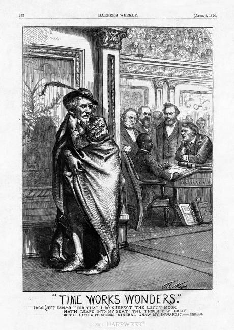 MrAliBey's tweet image. Image depicting seated Senator Hiram Revels replacing Confederate Jefferson Davis. Published in Harper's Weekly on April 9, 1870. "For that I do suspect the Lusty Moor hath leapd into my seat."