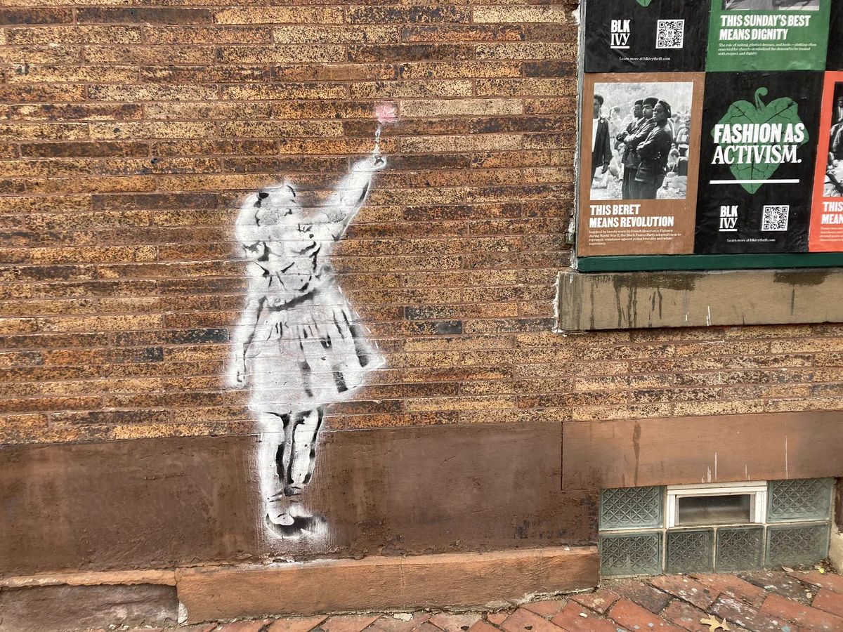 Black and white street art on a brick wall of a girl holding a flower.
