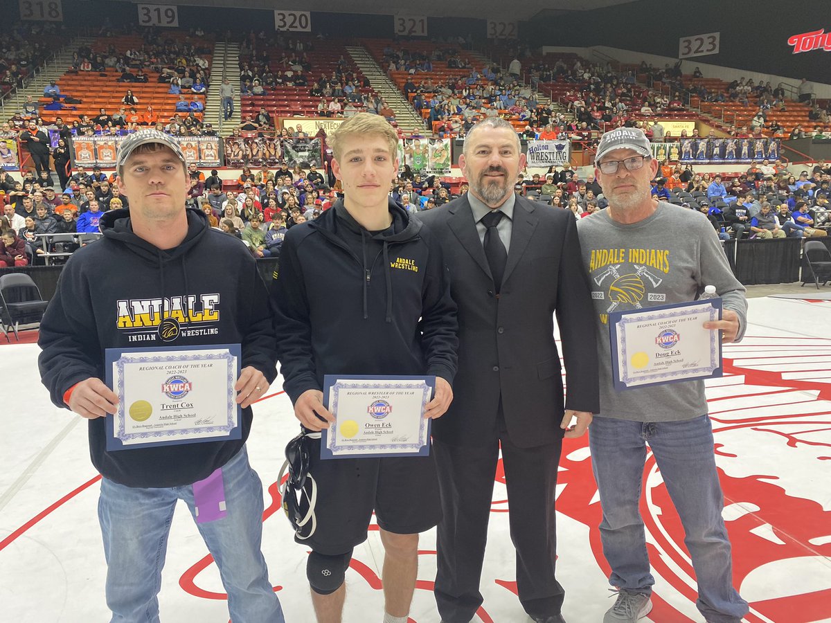 KWCA Regional Coaches of the Year Trent Cox (Andale) &amp; Doug Eck (Andale), and Wrestler of the Year Owen Eck (Andale).