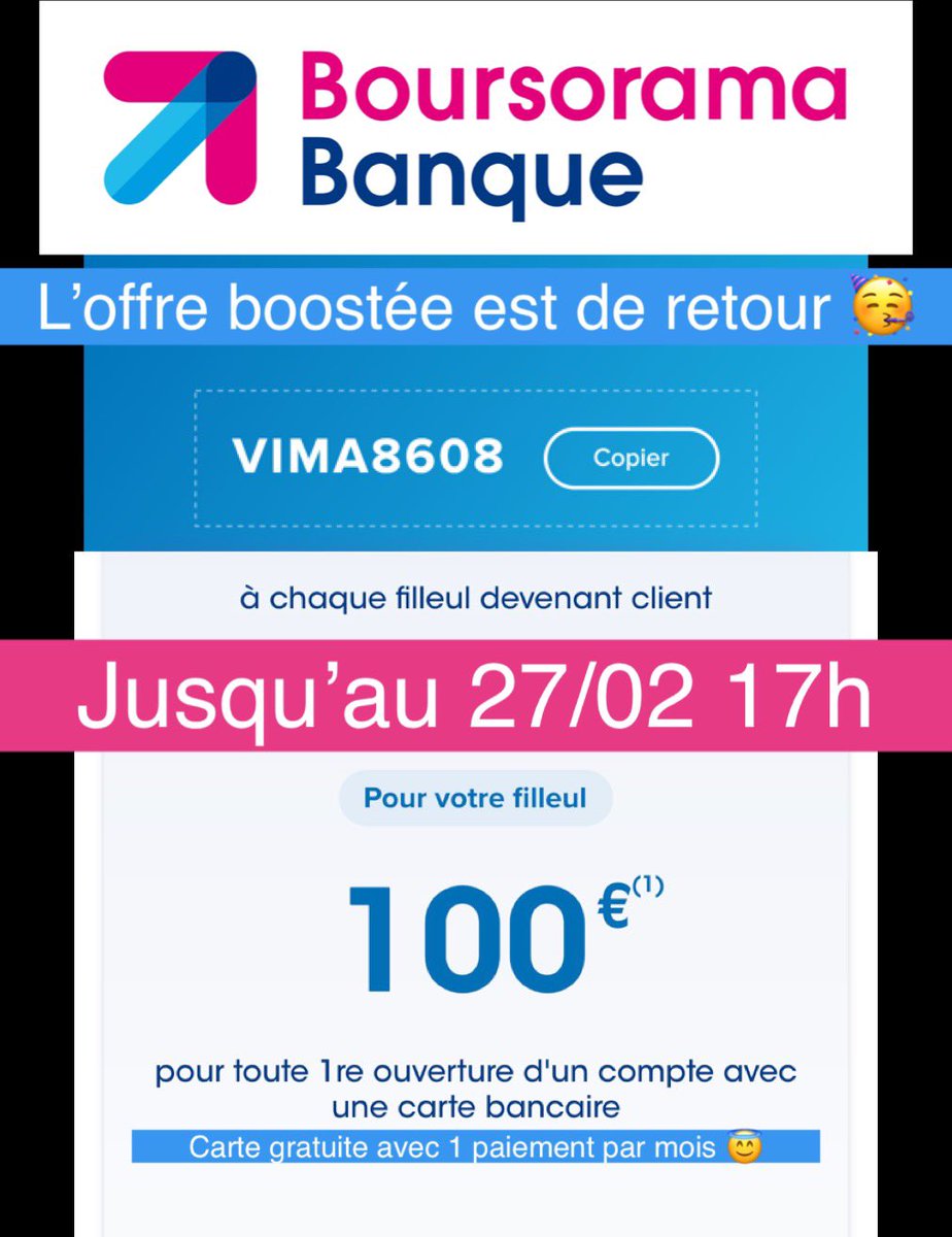 CaroDeFrance's tweet image. Si Boursorama vous tente, n’hésitez pas à utiliser mon code parrainage et empochez 100€ dès l’ouverture de votre compte 👍🏻 #Boursorama #parrainage #coupdepouce #bonplan