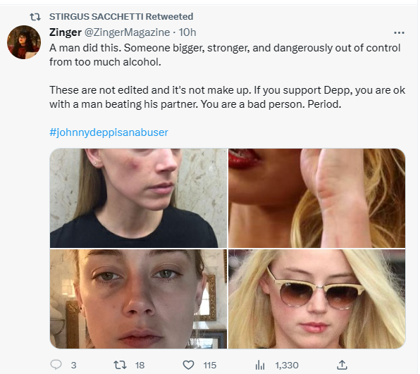 catwoman_1111's tweet photo. IO tillet still retweeting BS for Amber Heard ! If you support a woman who abused a man more than he did her your bad people PERIOD @stirgussa needs to detox all that B๐ฉdown toilet JohnnyDepp Dior or OI eau de toilet? Everyone knows you did turd in JD bed including @armani https://t.co/WVVNjDTLyJ