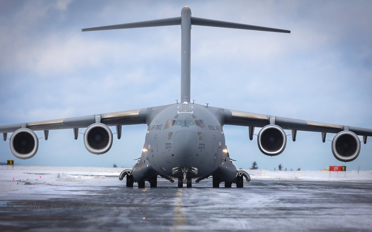 Feb. 2023. RAF C17 ZZ172. Ascot6175 taxing for a deice  then an eastbound departure homewards.