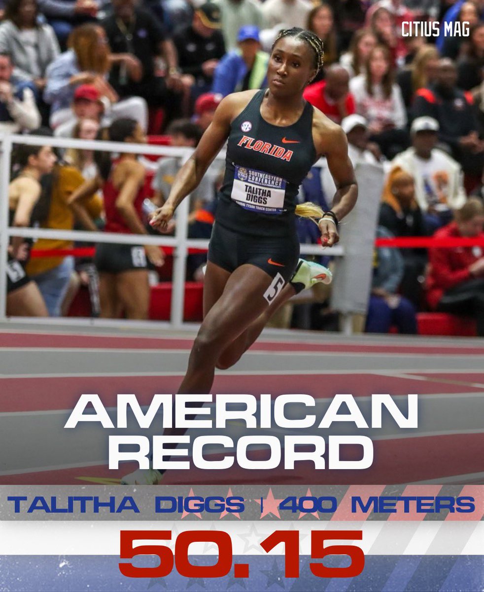 Why settle for an NCAA record when you can add a little 🇺🇸razzle dazzle🇺🇸?
 
At the 2023 <a href="/SEC/">Southeastern Conference</a> championships, <a href="/DiggsTalitha/">Talitha Diggs</a> of <a href="/GatorsTF/">Gators Track and Field & Cross Country</a> breaks the 400m collegiate AND American records with a blazing 50.15 performance.
 
She also cracks the top-10 all-time list at #8… sub-50 🔜