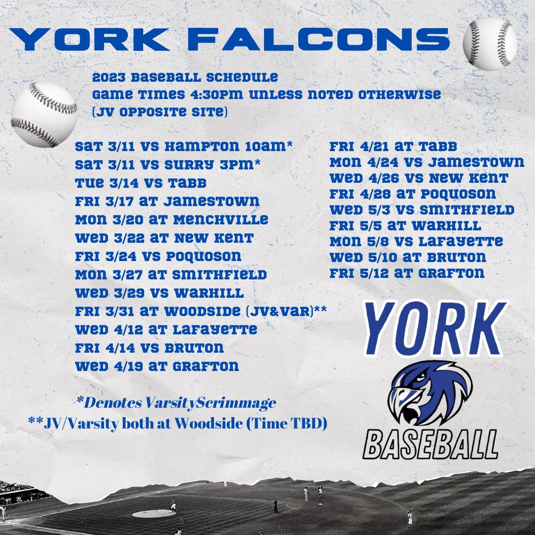 York High 2023 Baseball Schedule
@YorkFalcons @yhs_falcons @YorkHSAD #yhsfalconsbaseball #yorkfalconsbaseball2023 #gofalcons #falconfam