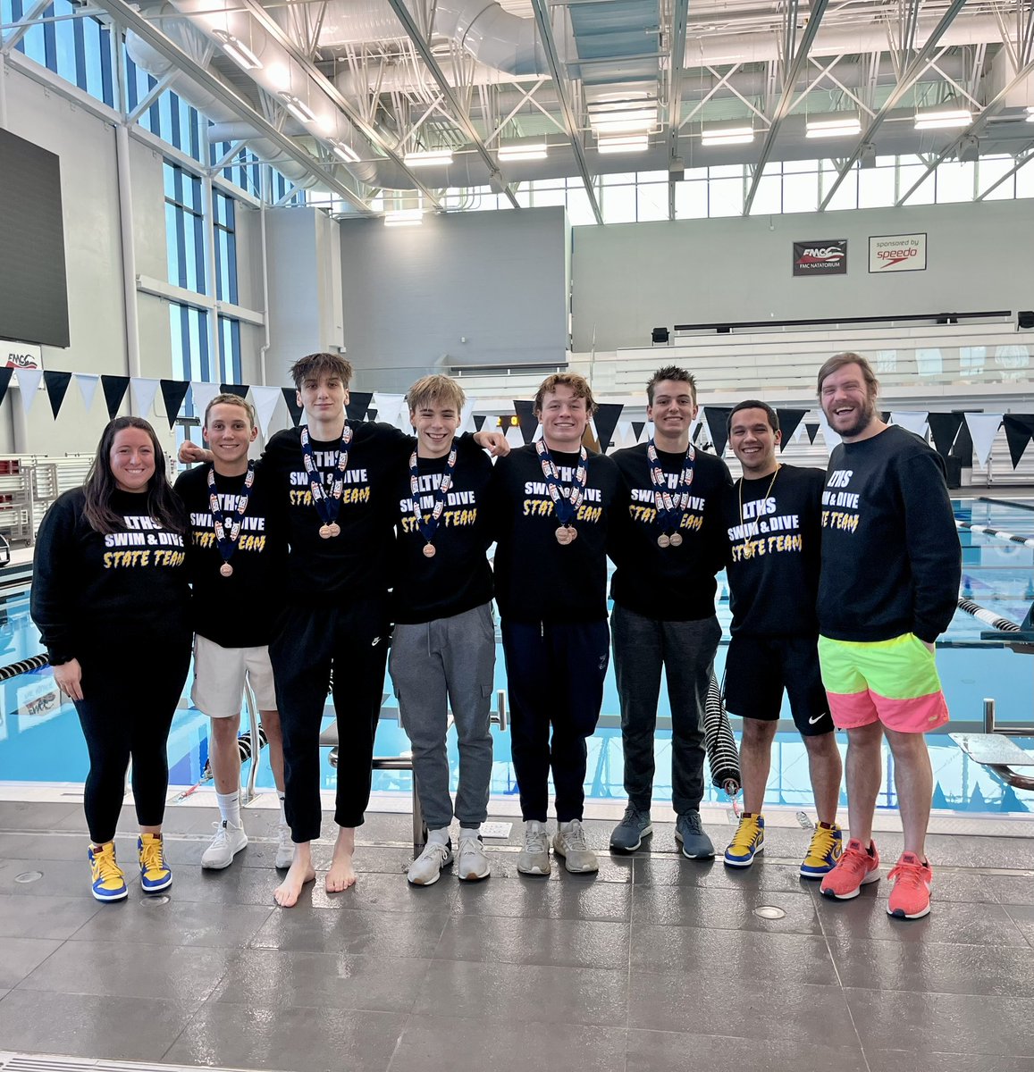 All smiles after a successful weekend! A new team record, and all 5 boys finish as All-State swimmers! Couldn’t be more proud 💙💛 #WeAreLT