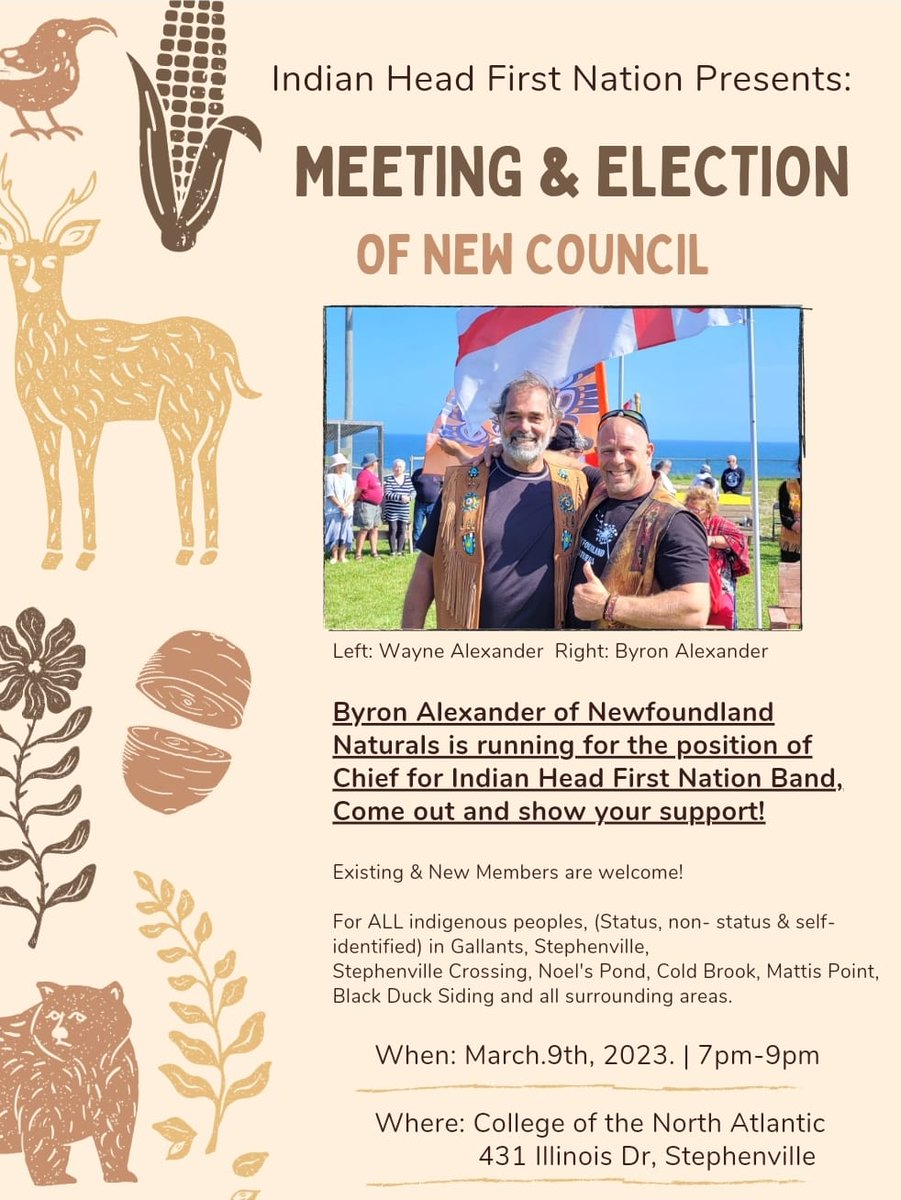 NewfoundlandNa's tweet photo. Exciting news!🌟Byron Alexander of Newfoundland Naturals is running for Chief of Indian Head First Nation Band. He is fearless in speaking out and fighting for whats right. If you want to see positive change in your community, come out and support him! #mikmaqpride #newfoundland https://t.co/jXqL2zphUo
