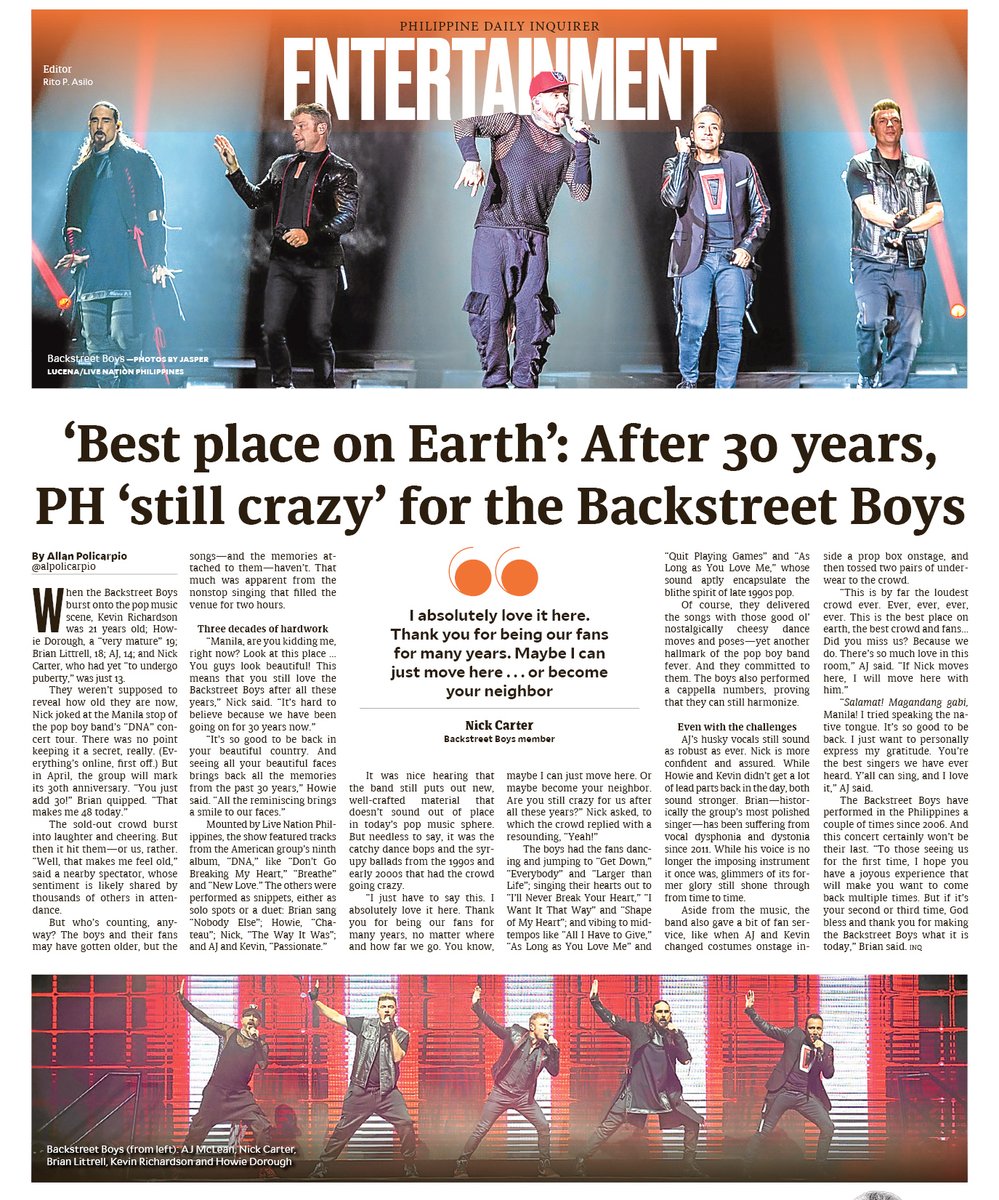 ‘Best place on Earth’: After 30 years, PH ‘still crazy’ for the #BackstreetBoys

entertainment.inquirer.net/487751/best-pl…

<a href="/InqEnt/">Inquirer Entertainment</a> <a href="/backstreetboys/">Backstreet Boys</a> #DNATour #concert #boyband #music #entertainment #backstreetboysdnaworldtour @AJ_McLean @NickCarter @Brian_Littrell <a href="/kevinrichardson/">Kevin Richardson</a> #HowieDorough