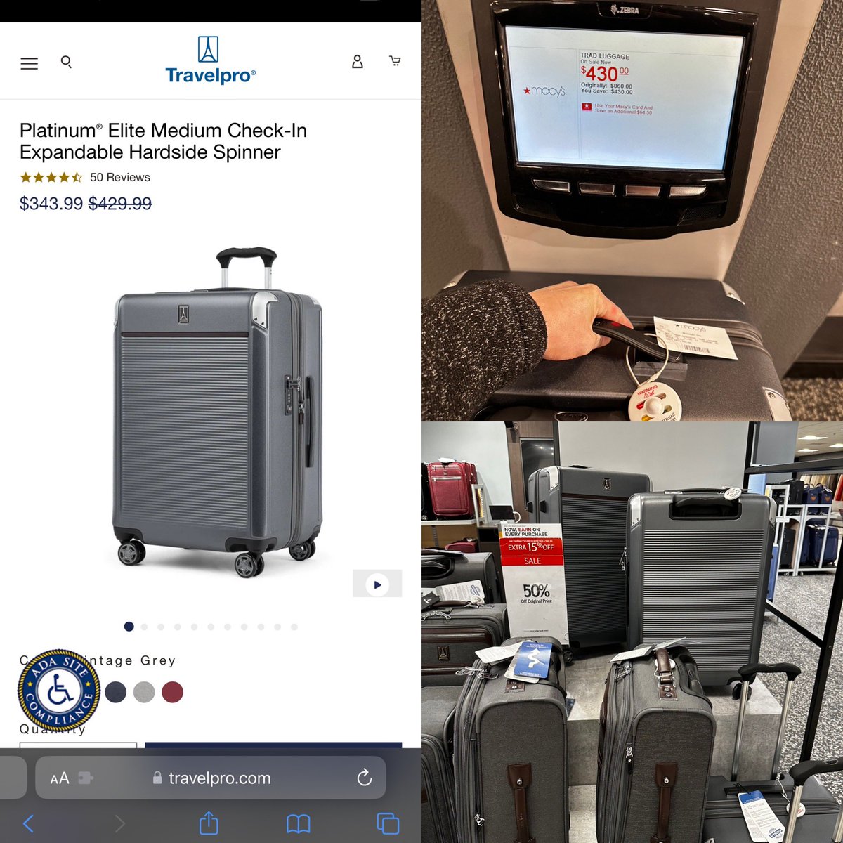 latoso's tweet photo. @TravelproIntl Why is it that your products at @Macys are 50% off “regular price”, but your regular price range is the same as their half off. Not only that, but you’re even lower right now. Why is Macy’s inflating the regular price to pretend that they’re having a sale? https://t.co/qrFj2WJ57y