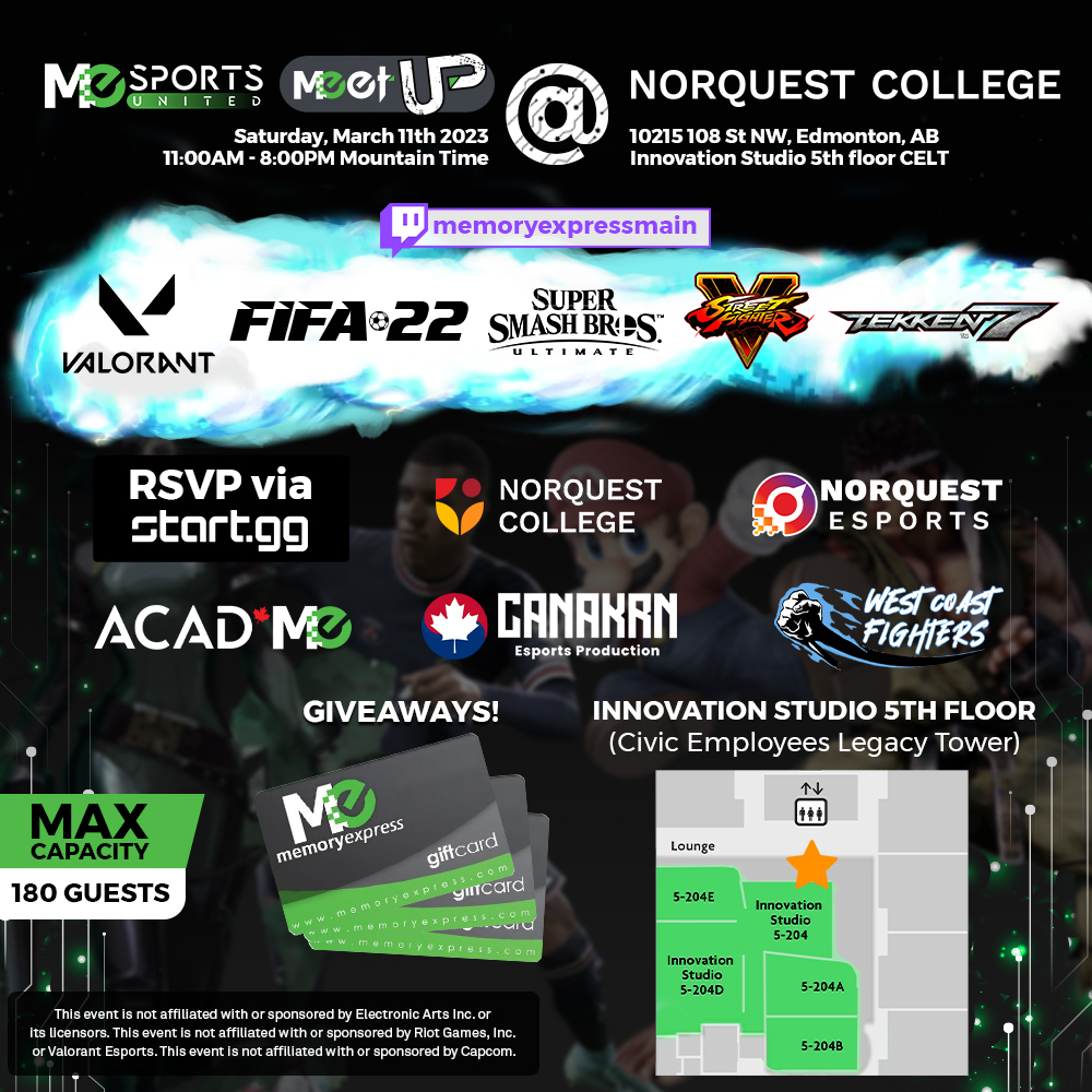 MemoryExpress's tweet photo. Due to HIGH DEMAND we have EXTENDED HOURS for the next MEsports MeetUP!

Join us Sat. March 11th from 11AM - 8PM MT.

Shout out to @NorQuest @NorQuestEsports @CanakrnEsports @WCFighters and @MEsportsunited for making these MeetUPs a reality for all our passionate gamers! https://t.co/Mgu5hD2Dkl