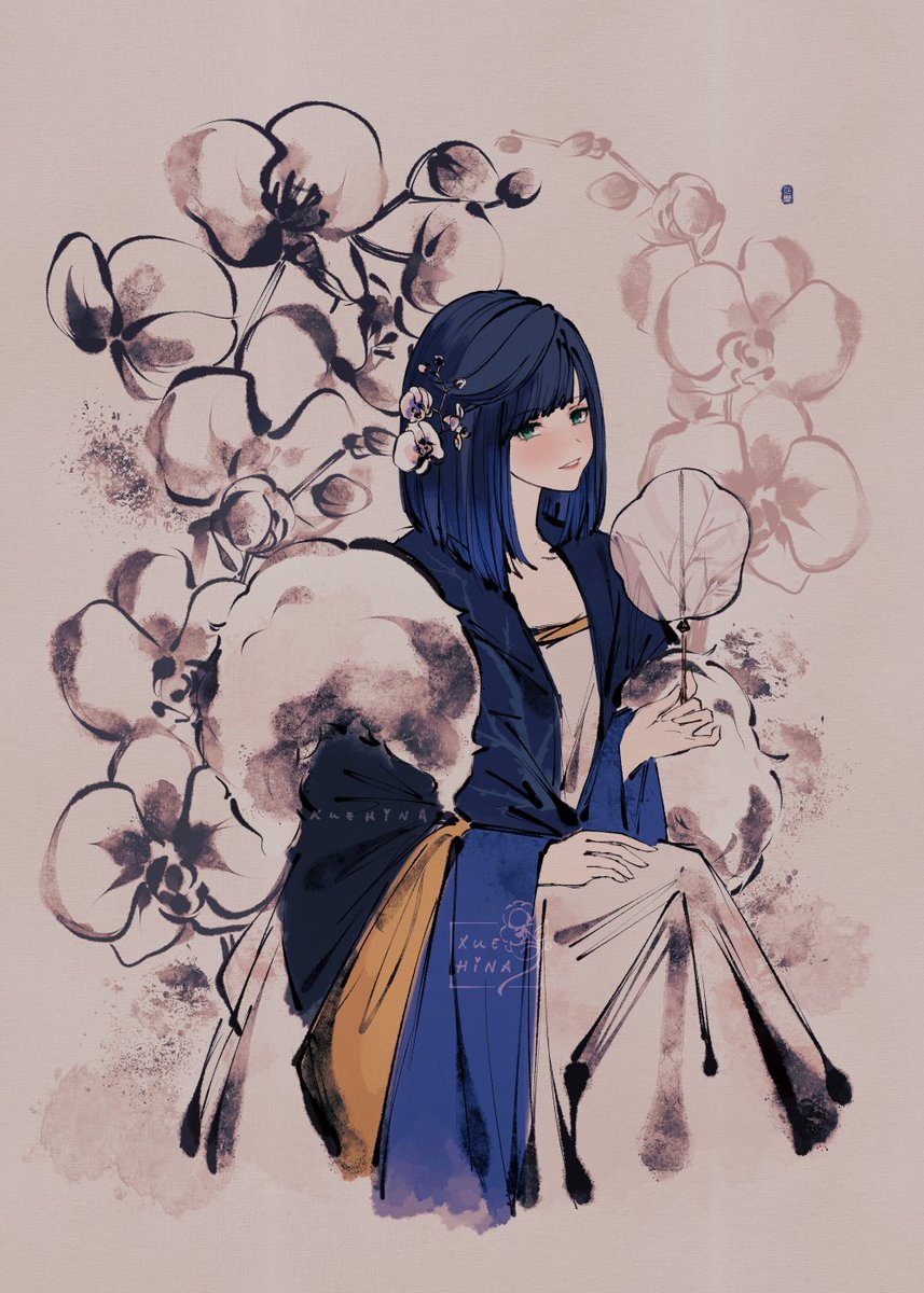 yelan (genshin impact) 1girl solo flower blue hair bangs hair flower green eyes  illustration images
