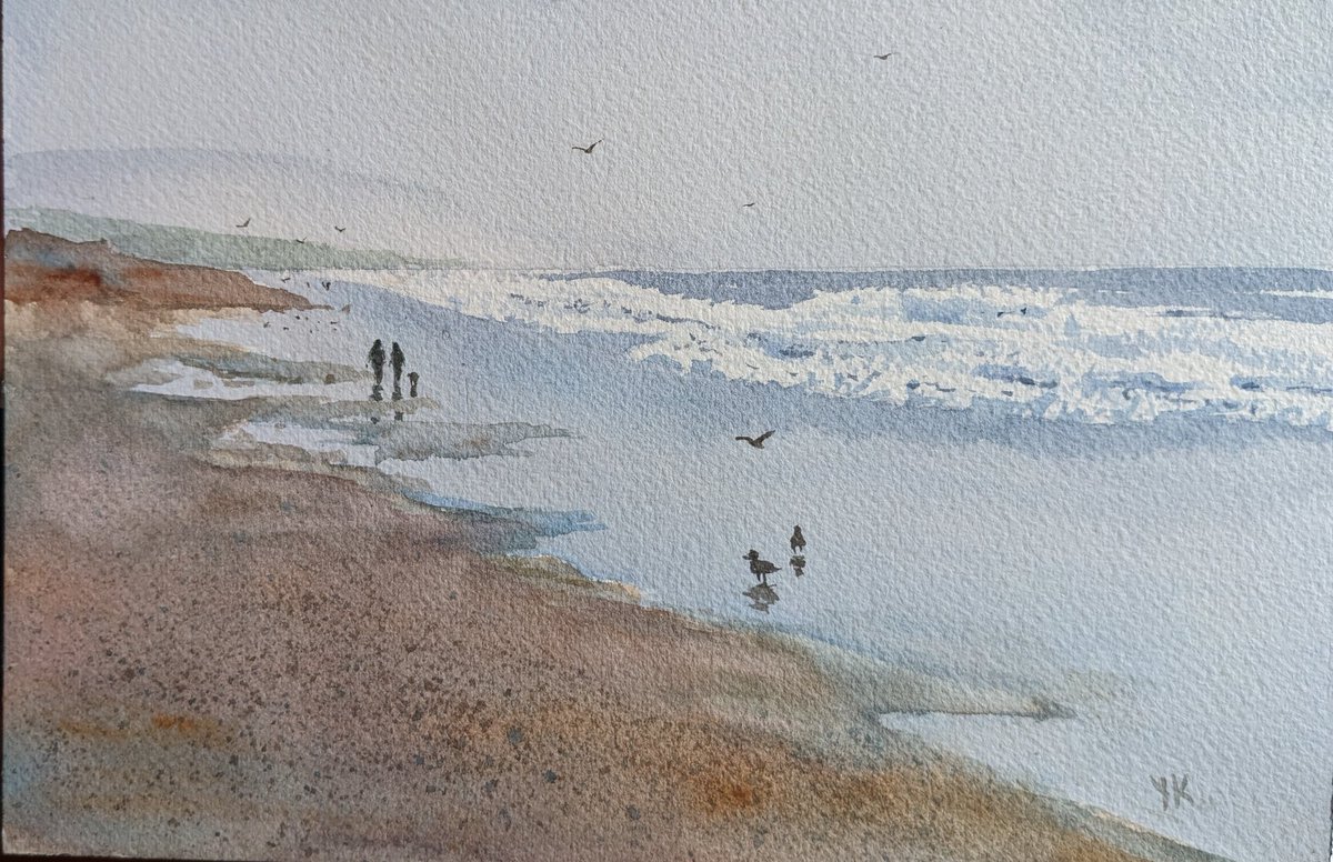 DaybreakSkyPlay's tweet photo. A walk on the beach - my recent #watercolorpainting #seascape #art https://t.co/cQB2g8NDhV