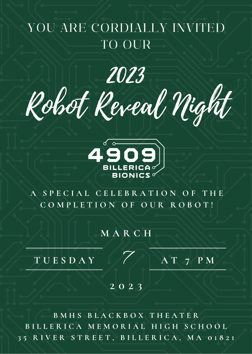 team4909's tweet photo. Team 4909 is pleased to announce that our 2023 Robot Reveal Night will take place on Tuesday, March 7th at 7 PM!

The event is open for all to attend and we are excited to show off our robot to our supportive community!

Make sure to RSVP to team4909@gmail.com by March 1st🤖 https://t.co/z4bdQw49M6