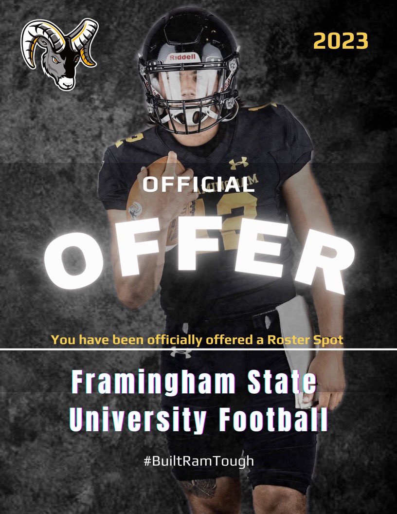 After a conversation with a former coach of mine and Coach Dumont, it is an honor to receive my 8th offer from Framingham State University. @fsuramsfootball #AGTG 🐏💛🖤