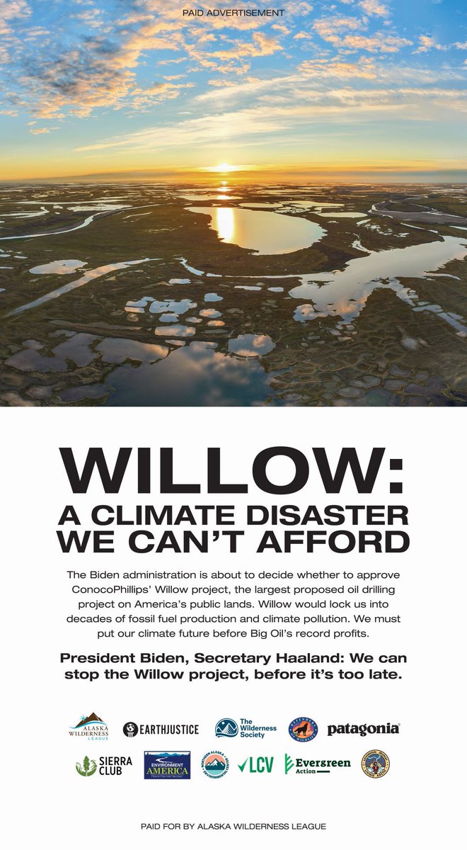 ConocoPhillips' latest oil/gas drilling project would emit 287 million metric tons of carbon pollution &amp; threaten the public lands, wildlife, &amp; Indigenous communities of Alaska's North Slope. <a href="/POTUS/">President Donald J. Trump</a>, you can be a climate hero—reject the Willow project! #StopWillow #SayNoToConoco