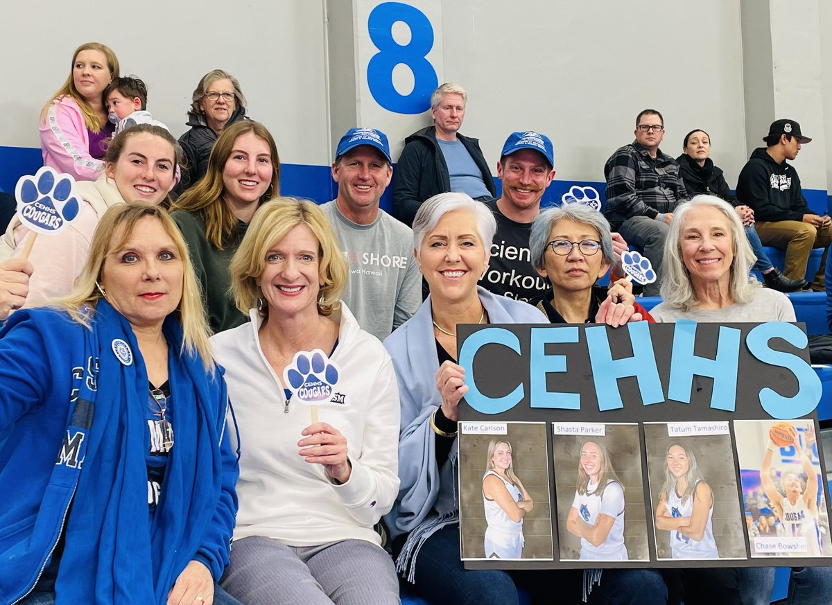 marilynhuertART's tweet photo. We, the College of Education, Health &amp; Human Services showed up w/cougar blue-spirit today, &amp;rooted for all of our cougars, especially our #Kinesiology students - Tatum Tamashiro, Kate Carlson, Shasta Parker &amp;Chase Bowsher! @CEHHS_CSUSM @CSUSM_WBB @CSUSM_MBB @CSUSMcougars @csusm https://t.co/nzlzphY8GA