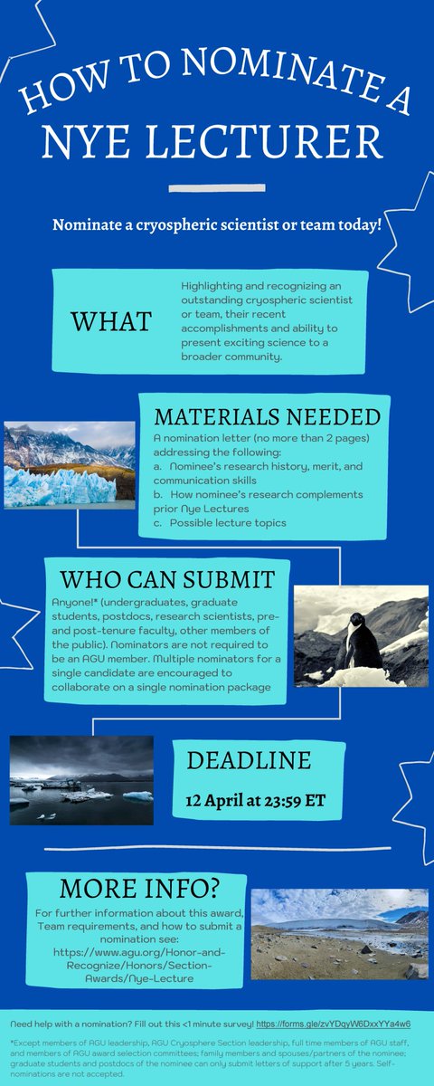 EarthMAD's tweet photo. 🚨Please help distribute to your networks - we're looking for a diverse set of nominations!

@AGU_Cryo awards are due April 12th! Nominate scientists for our 2 section awards and AGU Fellows.

If you need help with a nomination, click here: https://t.co/UMmD5SQkZj https://t.co/iYuo1Lwc0V