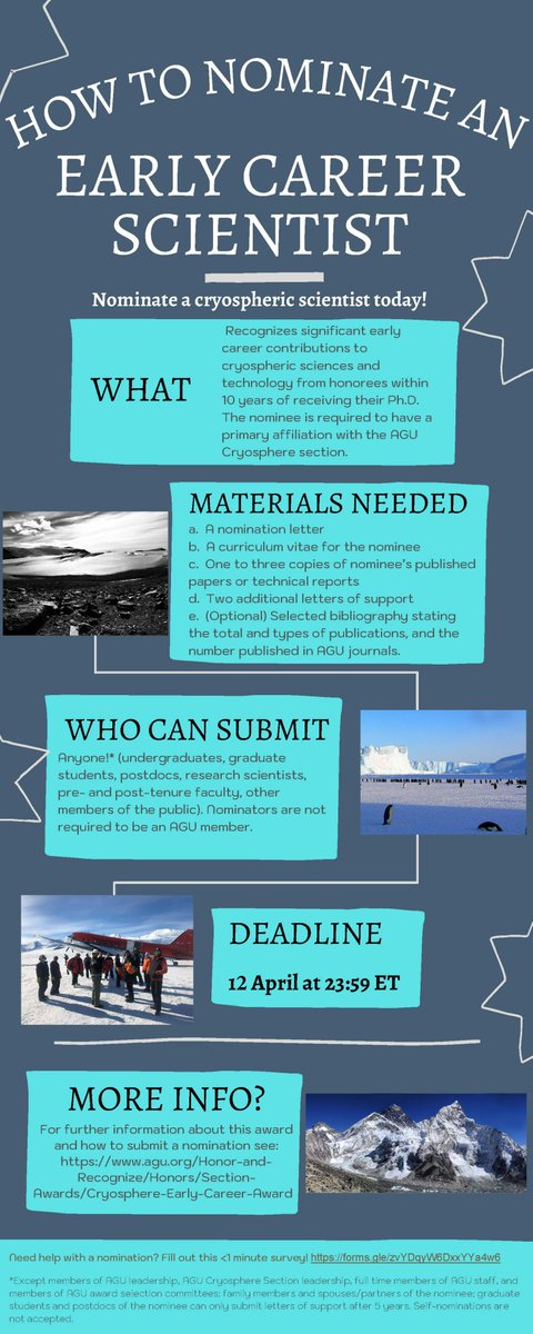 EarthMAD's tweet photo. 🚨Please help distribute to your networks - we're looking for a diverse set of nominations!

@AGU_Cryo awards are due April 12th! Nominate scientists for our 2 section awards and AGU Fellows.

If you need help with a nomination, click here: https://t.co/UMmD5SQkZj https://t.co/iYuo1Lwc0V