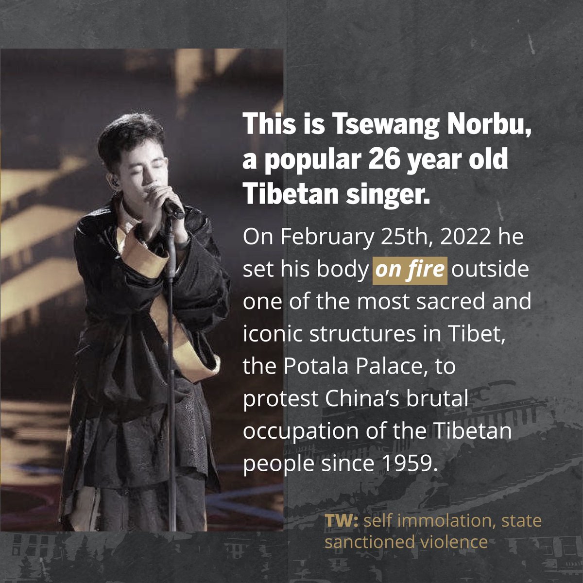 SFTHQ's tweet photo. ཨོཾ་མ་ཎི་པེད་མེ་ཧཱུཾ།
ཚེ་དབང་ནོར་བུ།

It has been one since Tsewang Norbu, a popular Tibetan artist, set his body on fire outside one of the most sacred and iconic structures in Tibet, the Potala Palace, to protest China’s brutal occupation of the Tibetan people since 1959. https://t.co/Lw6dBJ9W0V