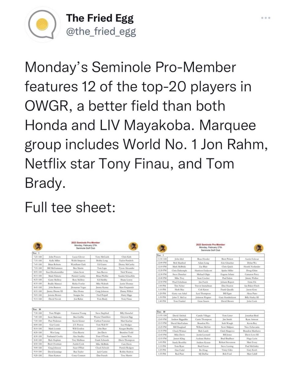 NUCLRGOLF's tweet photo. 🚨LOL — The Seminole Pro-Member event on Monday has a better field than LIV Mayakoba and Honda. World #1 Jon Rahm among the pros teeing up. Note: LIV members banned from the festivities. (Via @the_fried_egg) https://t.co/K5ZmxJVl0B