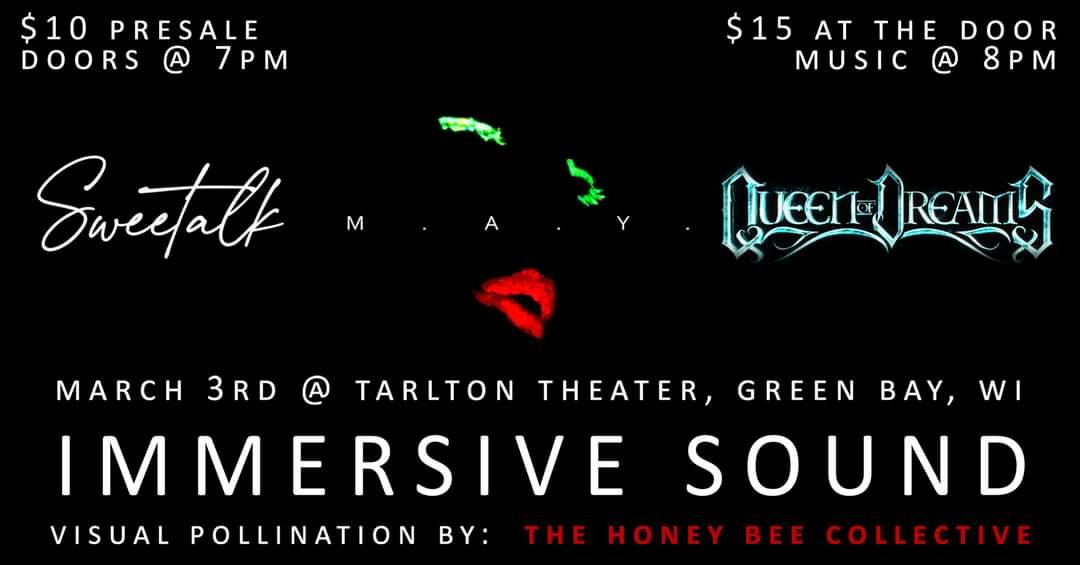 This coming Friday 3/3 come out to the Tarleton theater (Green Bay) to see a one-time-only sweetalk experience. The stage will be illuminated Chaos. 
Pre-sale tinyurl.com/mtbphxs9 
#Lightning #visual #chaos #honrybee #collective #MAY <a href="/queenofdreams/">queenofdreams</a> #rockmusic #liveshow #music
