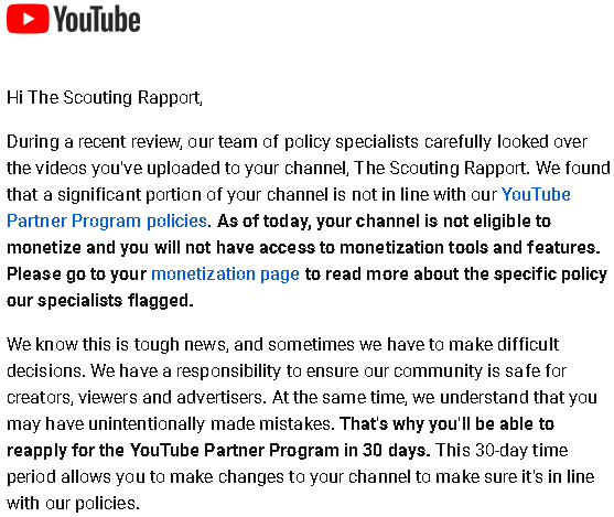 ScoutingRapport's tweet image. Well guys it finally happened. As of today, our YouTube channel is no longer eligible for monetization.

We want to continue being a draft resource for you all so please consider joining our patreon.com/TheScoutingRap… or making a donation at Buymeacoffee.com/ScoutingRapport

- Thank you!