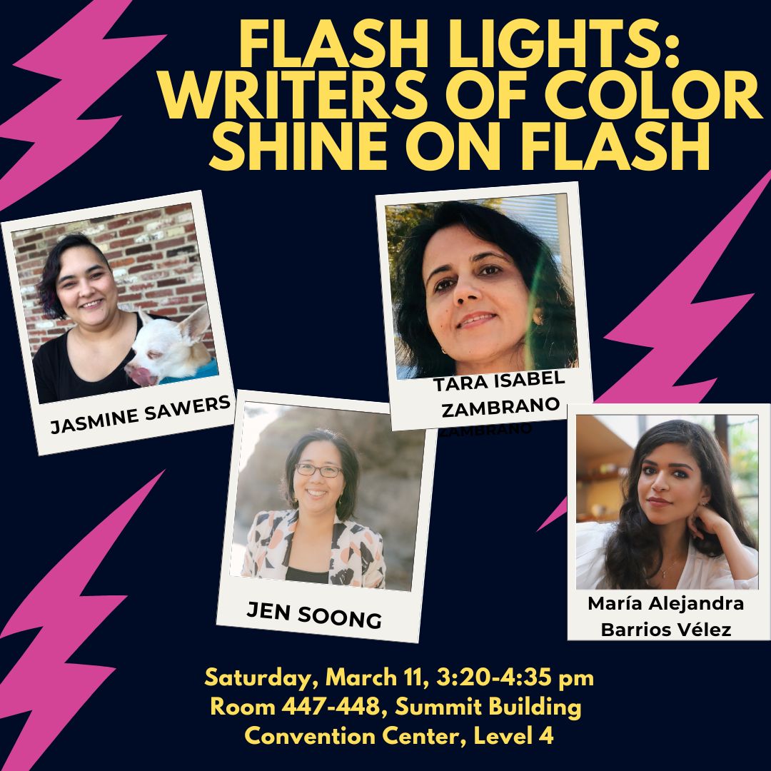 Ready to talk flash at #AWP2023 w/ these dazzling writers? @sawers @tara_zambrano @MariaaleBave @jenmuze It's gonna be high-voltage fun! ⚡️✴️⚡️