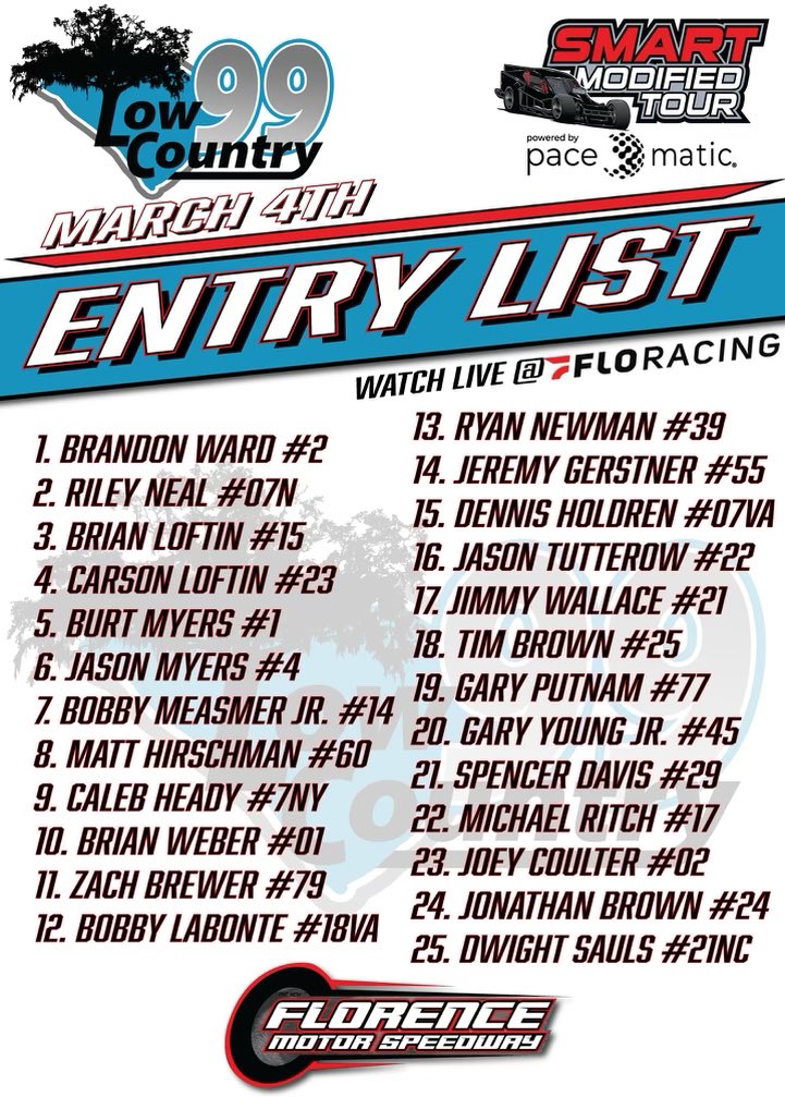 An impressive entry list of SMART Stars for next Saturday’s season opening #LowCountry99 at @FlorenceMSpdwy 
 
Modified racing at its finest. March 4th.