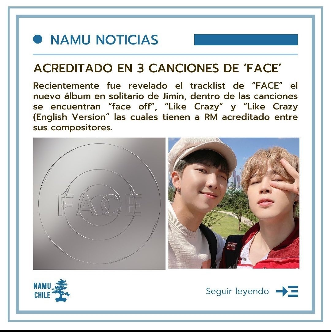 NAMU_Chile's tweet photo. 📰| #Namjoon participa como compositor de 3 canciones en el álbum #FACE de #Jimin 
Face off - Like crazy - Like crazy (english version).

¡Démosle mucho apoyo al nuevo álbum de Chimi! 🐥💜🐨

#RM #방탄소년단RM #남준 #알엠 #NAMU 
🌻 https://t.co/RFCJdAqXq1