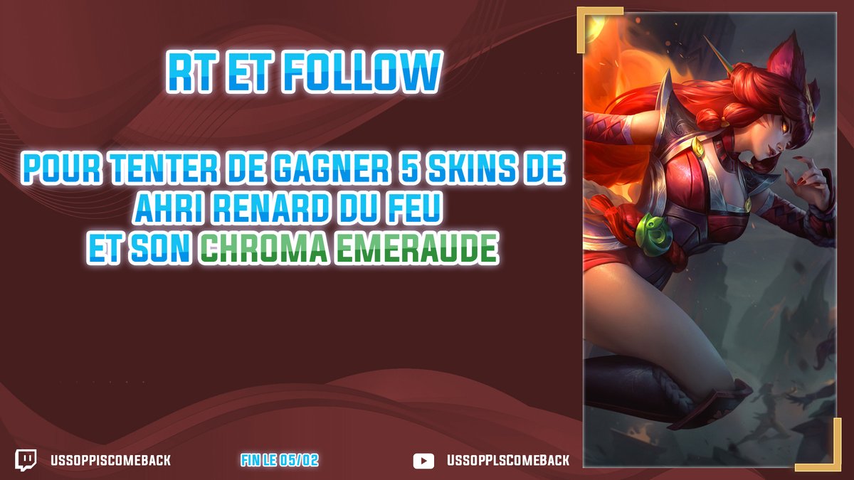 UssopPlsComBack's tweet photo. Yo ! 

On se retrouve pour un concours #leaguepartner ou vous pouvez gagner 5 Skins Ahri renard de feu + chroma .

Pour participer : 

🔄 RT ce post 
👉 Follow @UssopPlsComBack 
❤️ TAG un(e) ami(e)

Fin du concours 05/03 

Gl à tous https://t.co/1XUS9QJiBV