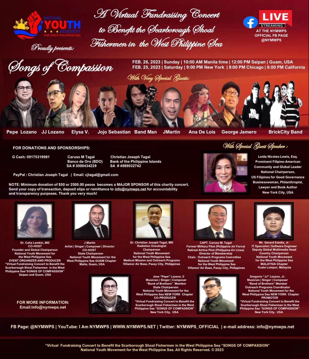 Please support this concert for the benefit of Scarborough Shoal fishermen this Sunday Feb 26,  10 am Ph time and Saturday 9 pm NY time. It is free and you can donate if you want.