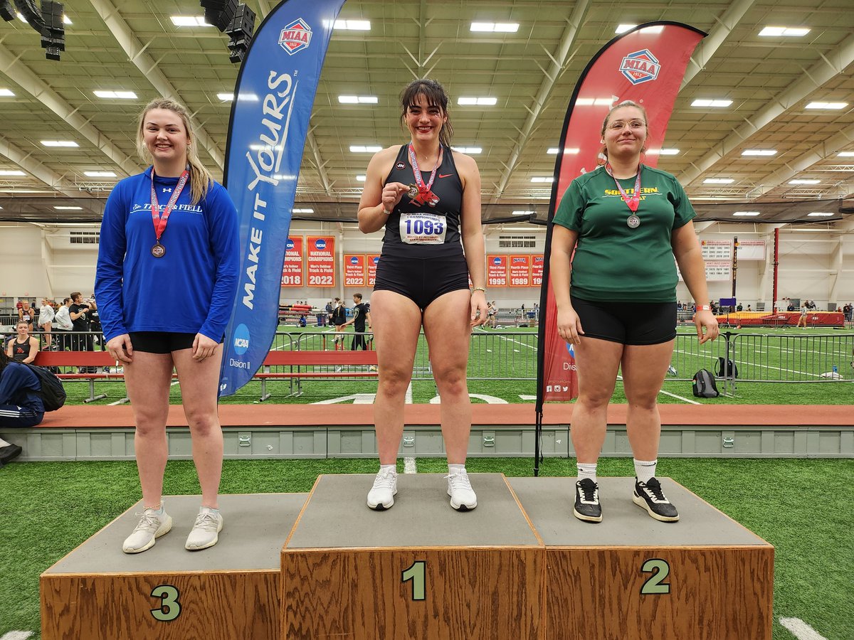 TheMIAA's tweet photo. 𝟮𝟬𝟮𝟯 𝗠𝗜𝗔𝗔 𝗜𝗻𝗱𝗼𝗼𝗿 𝗧𝗿𝗮𝗰𝗸 &amp; 𝗙𝗶𝗲𝗹𝗱 𝗥𝗲𝘀𝘂𝗹𝘁𝘀 🏃‍♀️⤵️

Women's Weight Throw Medalists
🥇 Rachael Molloy (@UCMTF)
🥈 Mallory Huber (@MoSoXCTF)
🥉 Lily Novacek (@UNK_Track)

Final Results⏩https://t.co/PT6U6UI2qT
#BringYourAGame https://t.co/YlDAFaCWhg