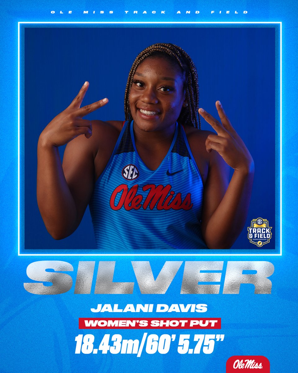 Medal No. ✌️ for <a href="/JalaniDavis_/">Jalani Davis</a> this weekend! 🥈

Davis launched a 2.5ft PR of 18.43m/60' 5.75" in the women's shot put, becoming the second 60-footer in Ole Miss history! 👏

#HottyToddy