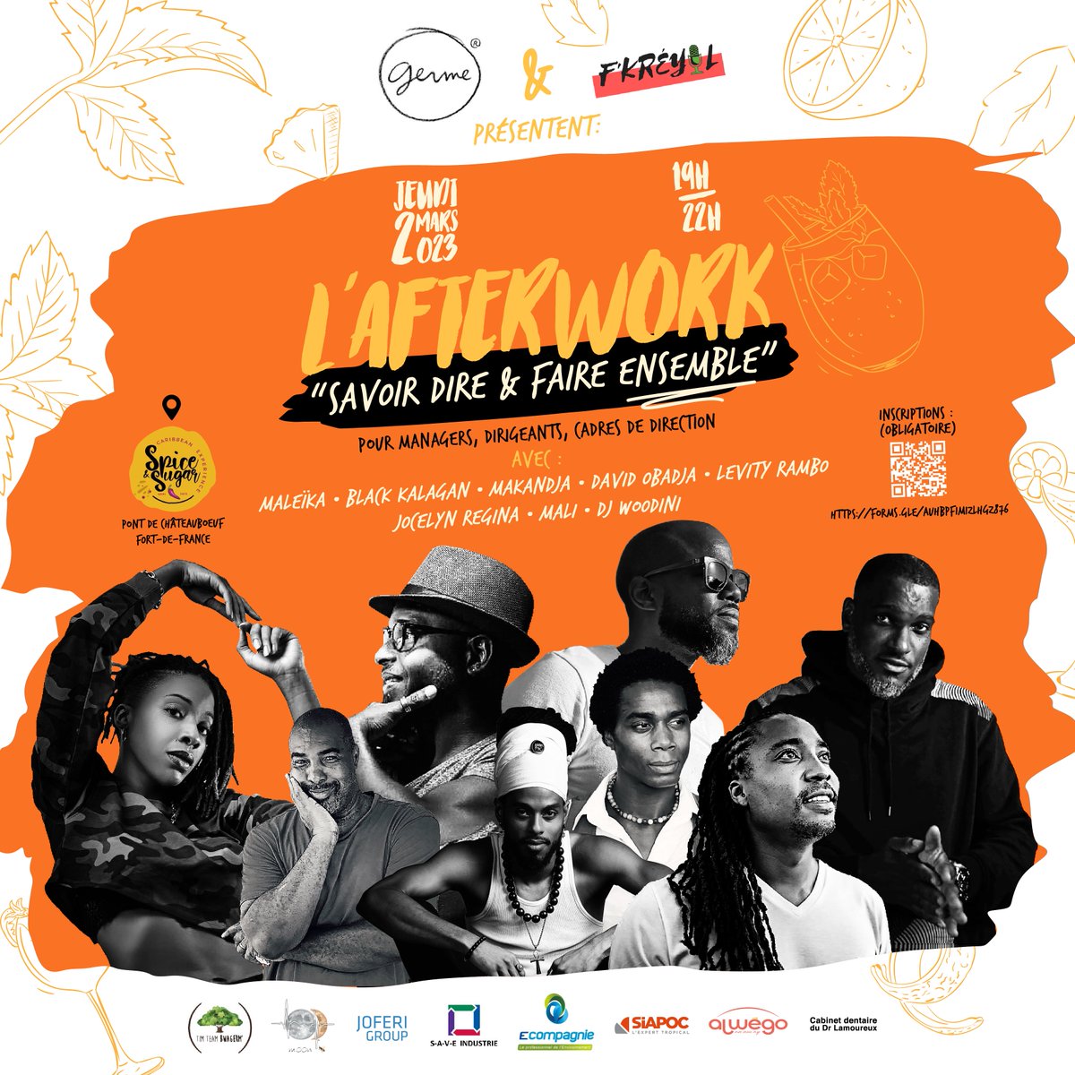 Avis aux entrepreneurs, managers, dirigeants, porteurs de projet, cadres..
Ce jeudi 2 mars, <a href="/RESEAU_GERME/">GERME</a> &amp; F'Kreyol vous proposent un Afterwork unique en son genre, avec une sélection d'artistes qui ne joue pas.
Entrée gratuite
Inscription (obligatoire) :
forms.gle/5zQkBxExpWBxtf…