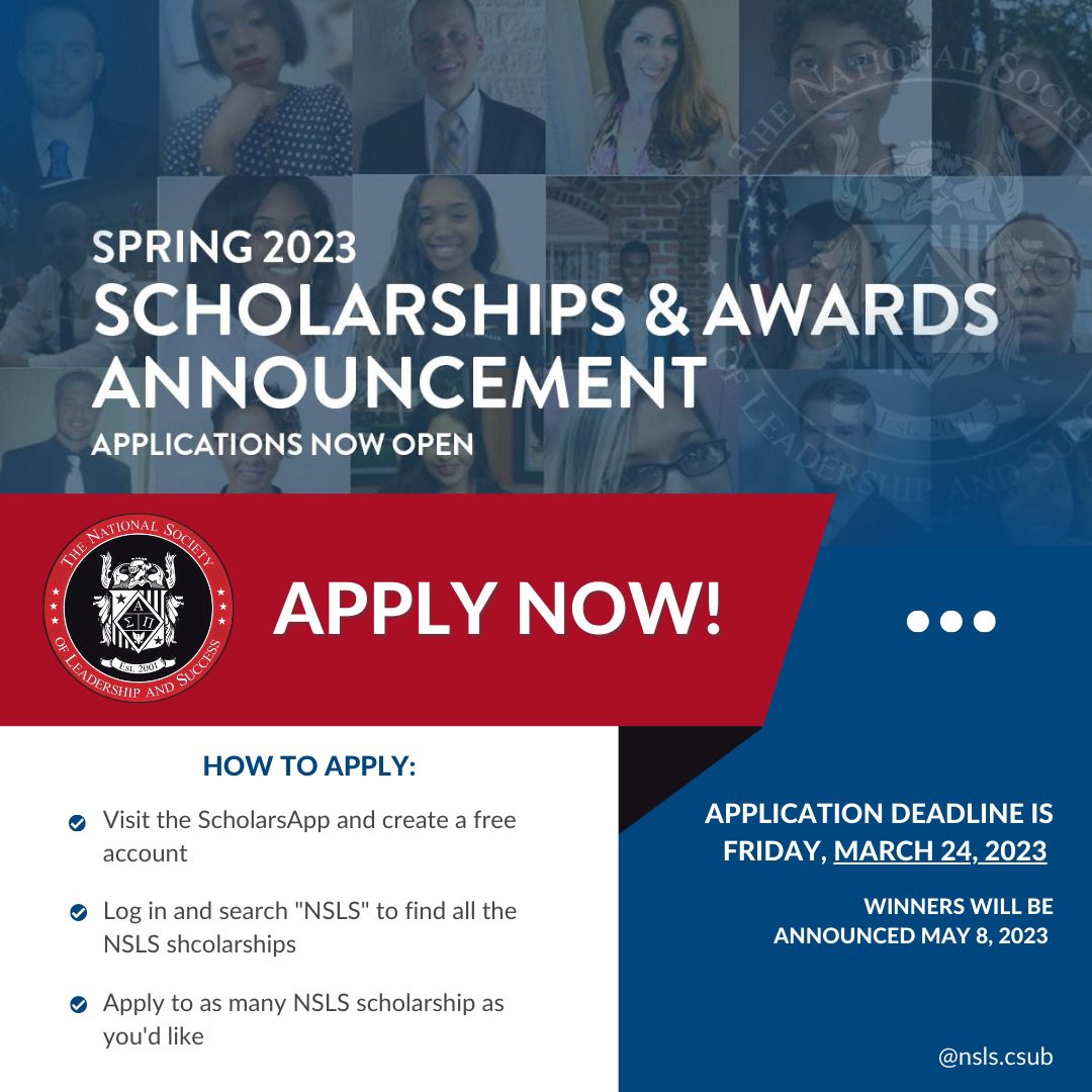 📣 Reminder! 📣

Members are able to apply for NSLS scholarships! Visit the ScholarsApp link in our bio. For more information, the NSLS Scholarship & Awards link is also provided in our bio.

The deadline to apply is March 24, 2023 and the recipients will be announced May 8, 2023
