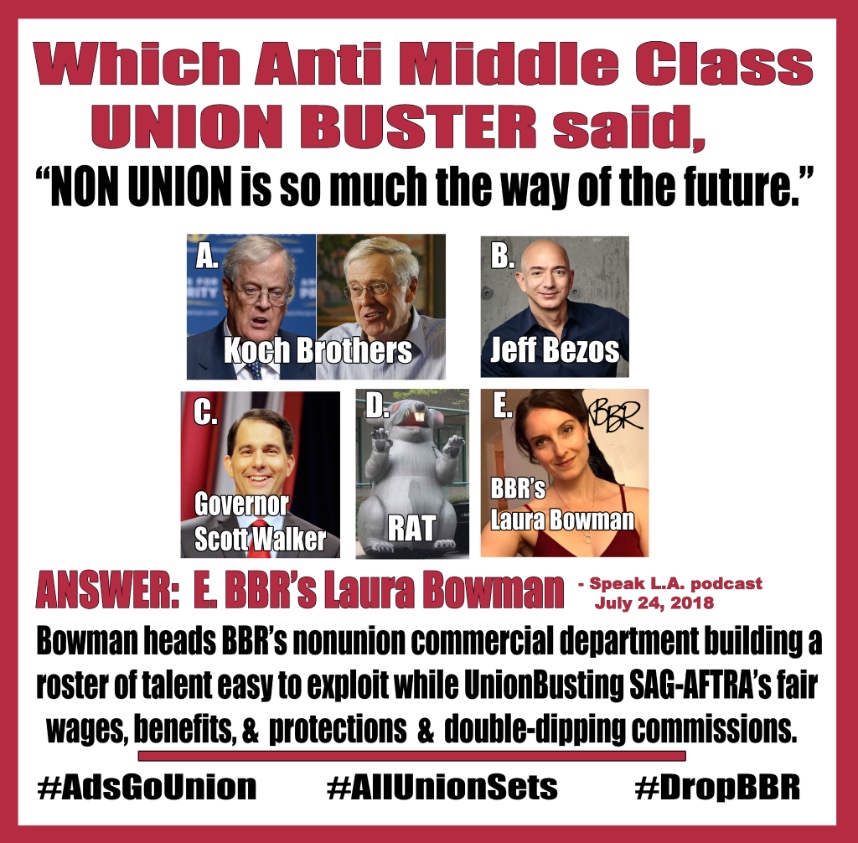 RalphsLMathers's tweet photo. When your agent is counseling actors to leave #SAGAFTRA to join their robust #FiCore #UnionBusting roster they're working against you.
As #UnionBusting @bbrtalentagency hopes for a #ScabActorsAwards, take your @SAGAFTRA commission money to a ProUnionTalentAgent. #AdsGoUnion https://t.co/n83zwoPBs1