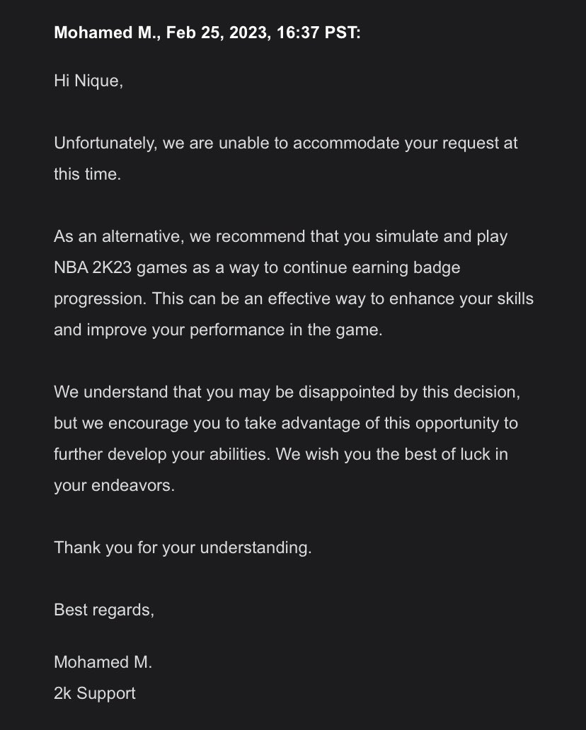 stockley_nique's tweet photo. Tf you mean take advantage of this opportunity @2KSupport you stole my time from me and you want me to be thankful cause it’ll be a “effective way to enhance my skills and performance” mf I want my progression on my badges back… this dirt ass game #2k23 #xbox #thisgametrash https://t.co/RVda93aHLT