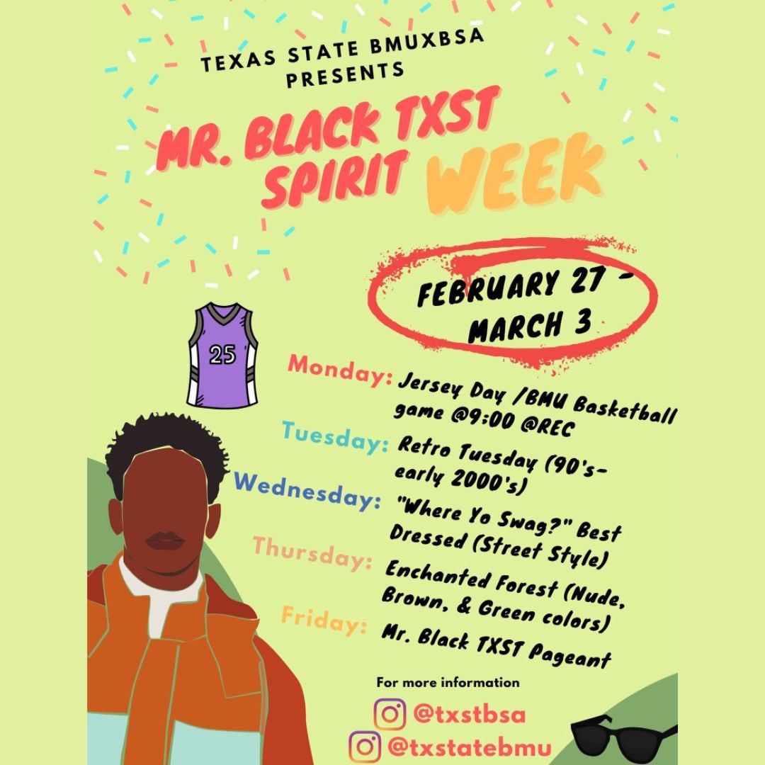We are just days away from THE Mr.Black Texas State Pageant 🫣 BMU x BSA is bringing you and all of Black Txst a spirit week 🫵🏽 We need you guys to show up and show out this whole entire week!!! Be on the lookout very very soon to see who the contestants will be 🤫