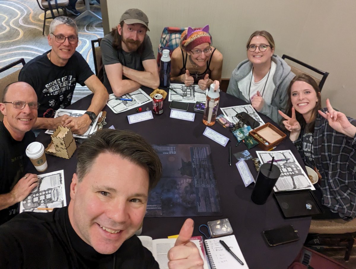 BruceCordell's tweet photo. What a fantastic RPG gaming group! Despite increasingly dubious odds, they persevered to save the day. All that while also learning the Cypher System. #GenghisCon https://t.co/pR7ICcMrqp