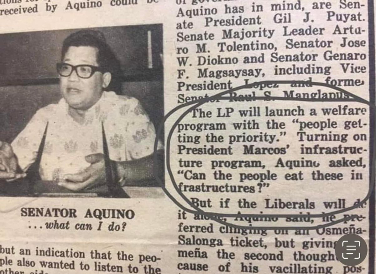 "Can the people eat these infrastructures?". - Cory

Walang infra welfare program daw. Bakit naging libre ba pagkain ng mga tao during her time? Nagmura ba bilihin? Eh sa kanya nagsimulang tumaas presyo ng mga bilihin tapos isisisi nyo kay FEM 🙄

#neveragaintoLP #cto