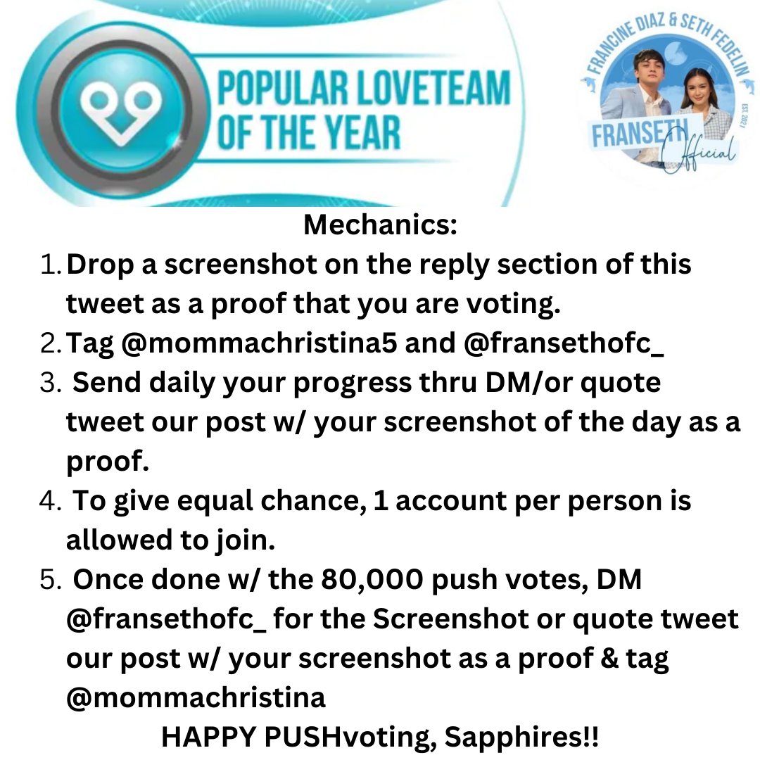 FranSethOFC_'s tweet photo. PUSH ANNOUNCEMENT! 🫶
Let's play a game until MARCH 26, 2023!

Because we value your time, support, &amp; effort, @Fransethofc_ together w/ the sponsors will be giving away PRIZES (see attached poster for the details)
Happy PUSHvoting, Sapphires!

PUSHnatinToFRANSETH
#FranSethForPUSH https://t.co/ftUYpuxQRw